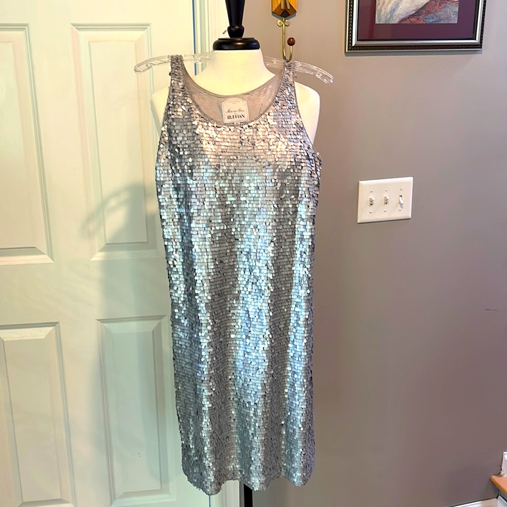 Anthropologie Ruffian silver sequin shift dress 6